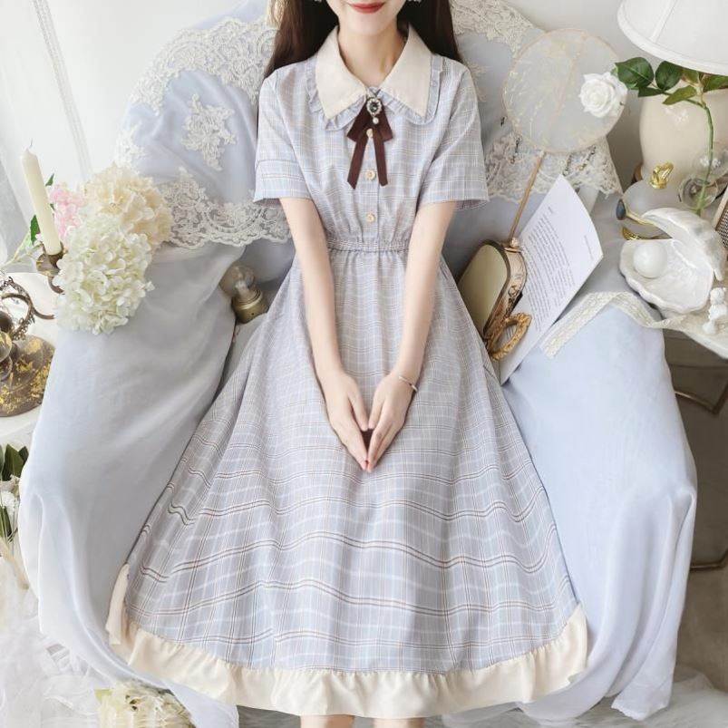 学院风小清新蝴蝶结格子拼接连衣裙夏季新款甜美少女收腰雪纺裙子