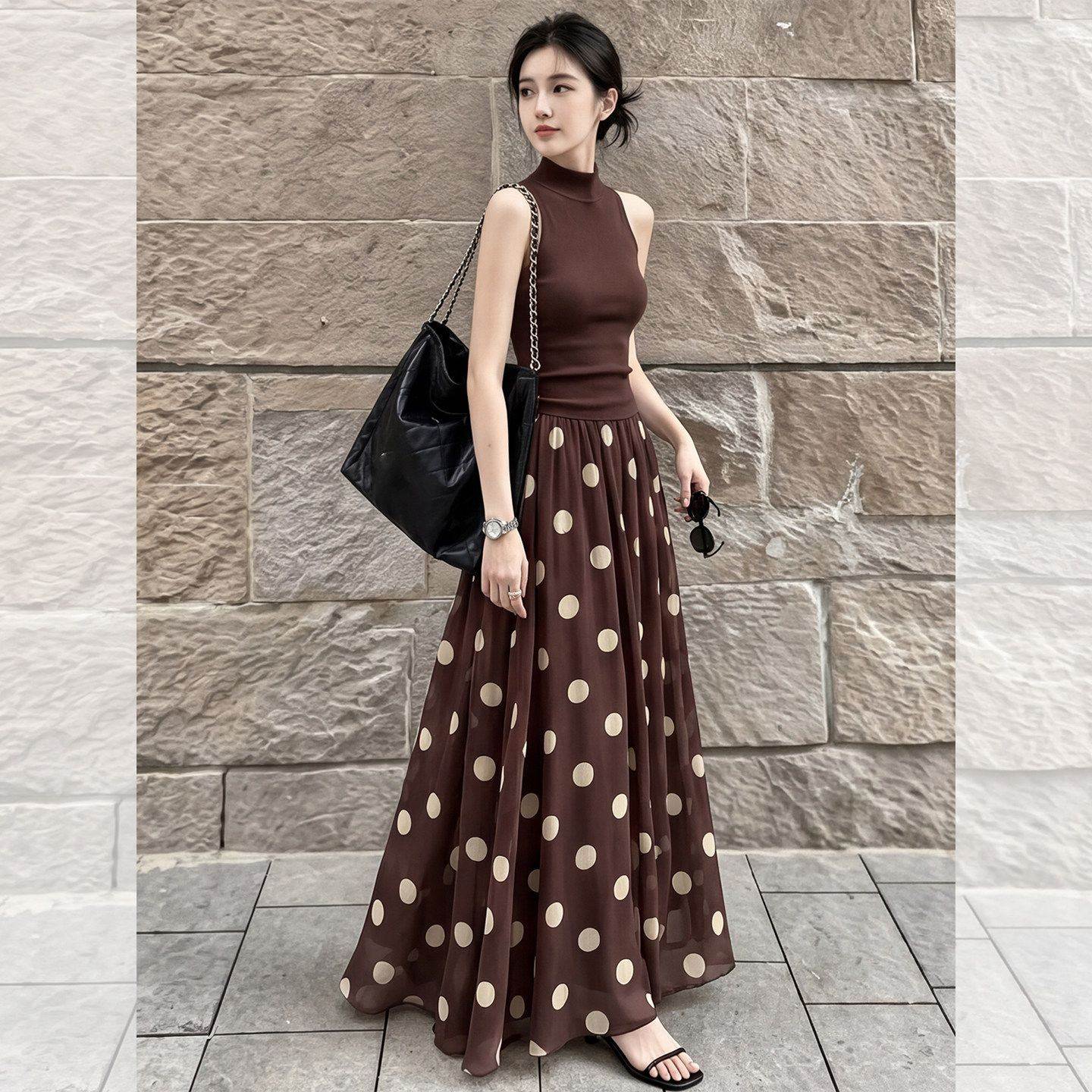 夏日韩系一整套ootd穿搭女咖色立领吊带背心波点半身裙子两件套装
