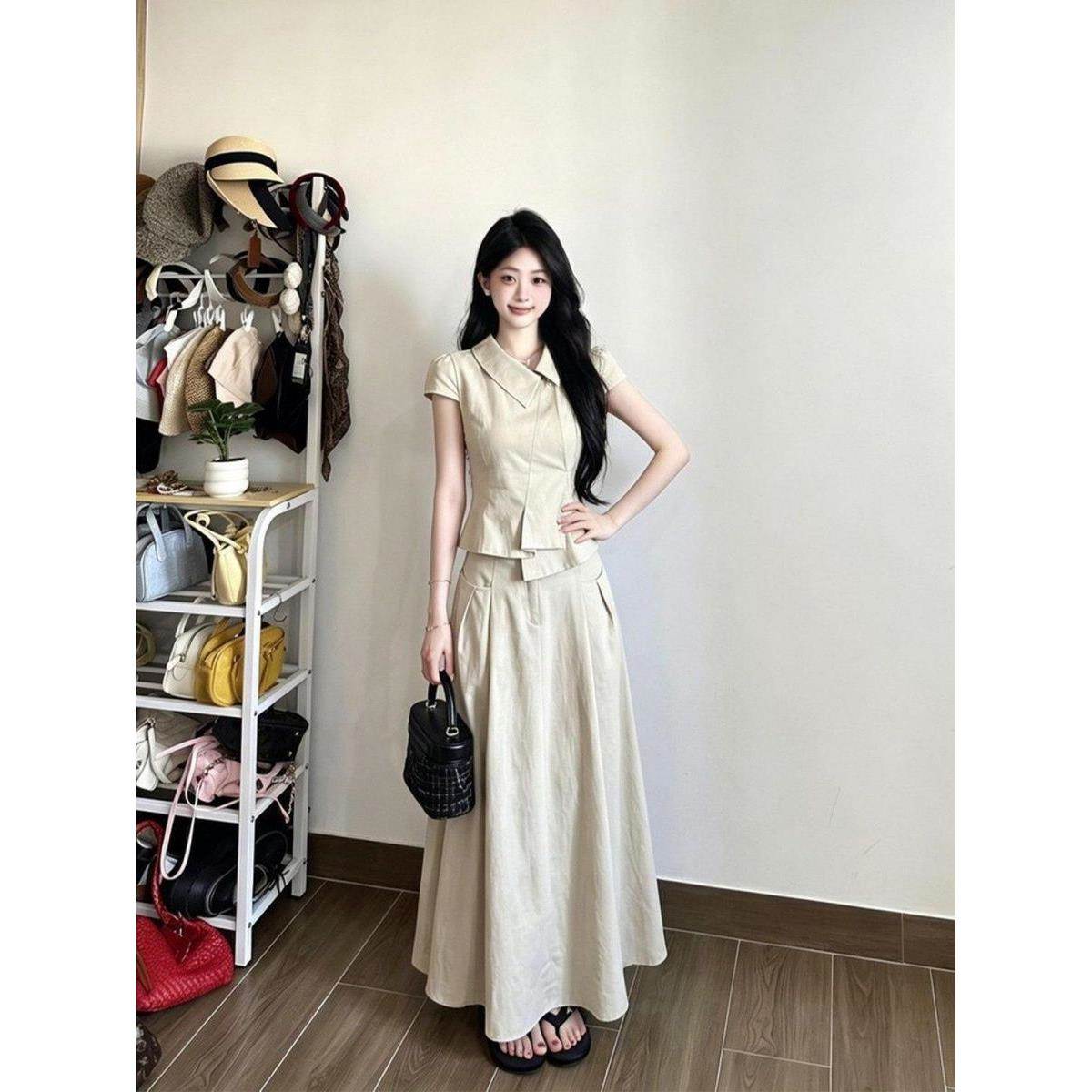 法式气质高智感套装女夏季短款短袖背心中长款A字半身裙子两件套