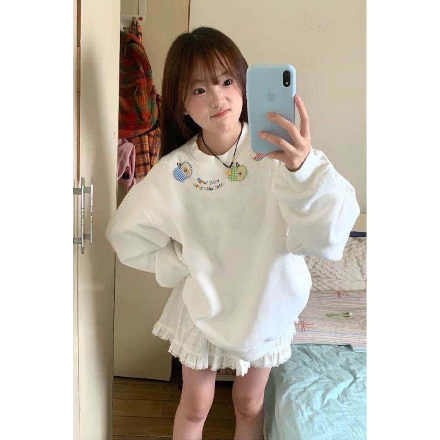 美式复古圆领卫衣女秋冬2025新款学生宽松加绒oversize外套上衣服