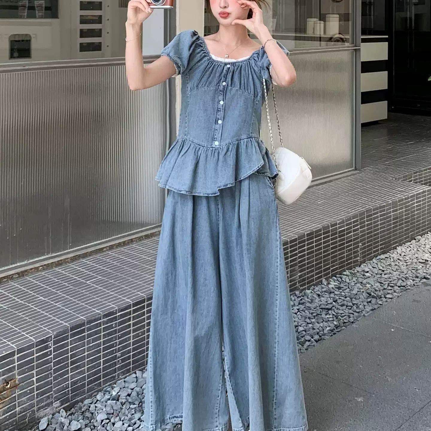 法式牛仔泡泡袖荷叶边短袖阔腿裤两件套女夏季2026新款设计感穿搭