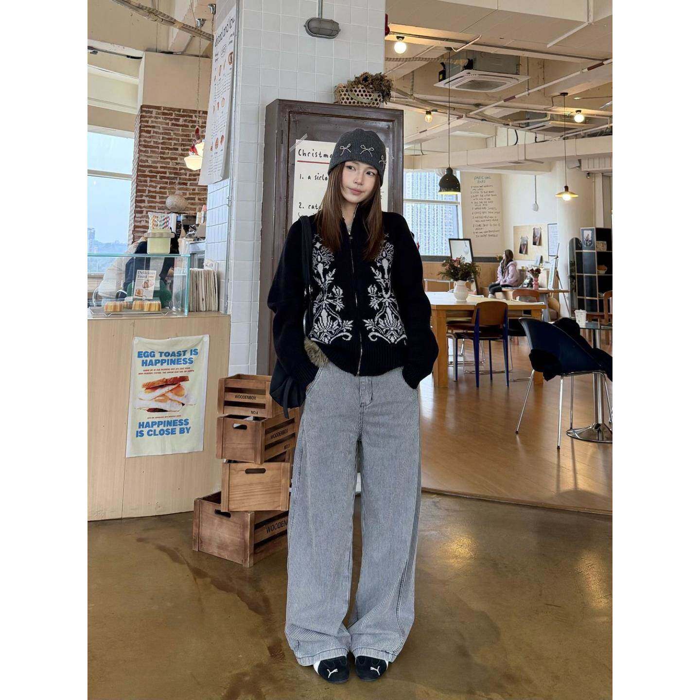 美式复古宽松阔腿条纹字母刺绣牛仔裤男女街头百搭显瘦拖地长裤
