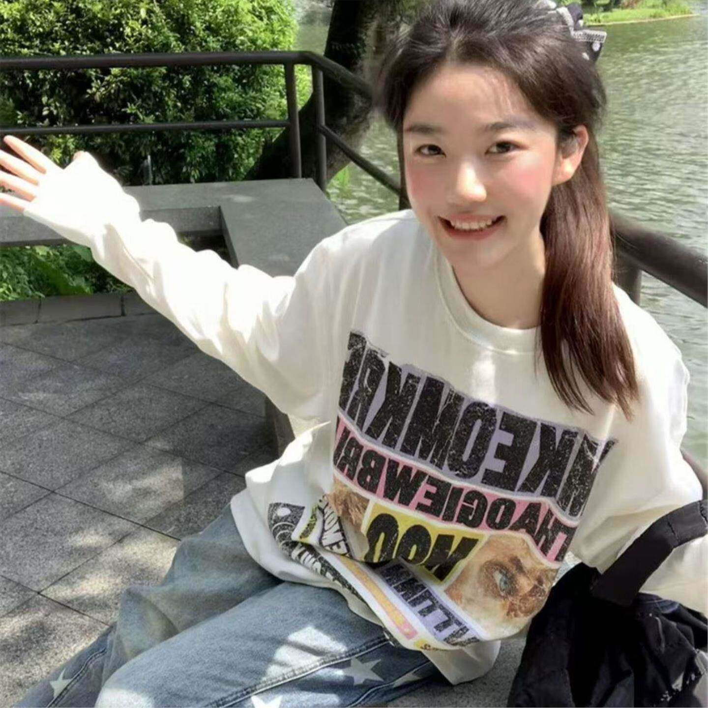 美式复古字母印花长袖t恤女ins宽松休闲学院风韩系秋季上衣