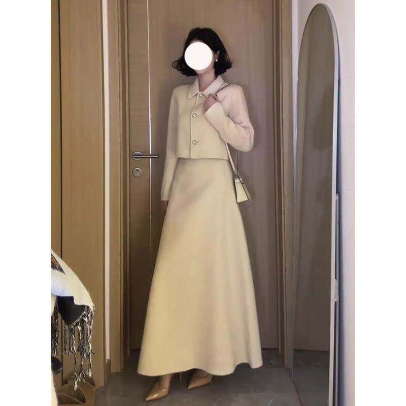 韩版气质翻领毛呢外套套装女秋高腰显瘦A字半身裙高级感短款上衣