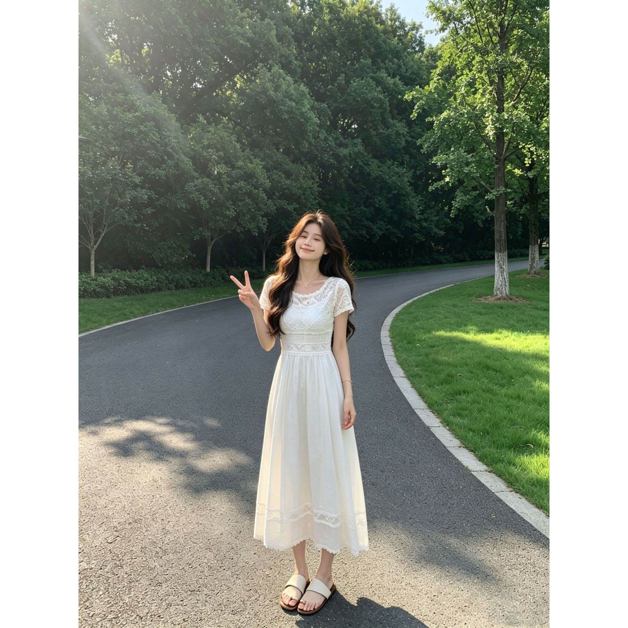 2026韩系氛围感蕾丝镂空连衣裙女夏季新款圆领收褶高腰下摆长裙女