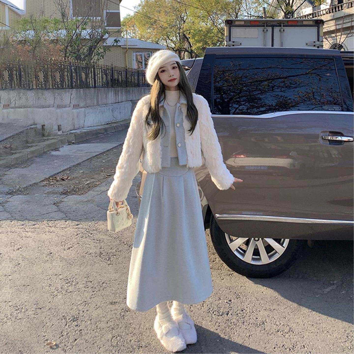 小香风套装裙两件套毛毛拼接呢子套装开衫上衣半身裙