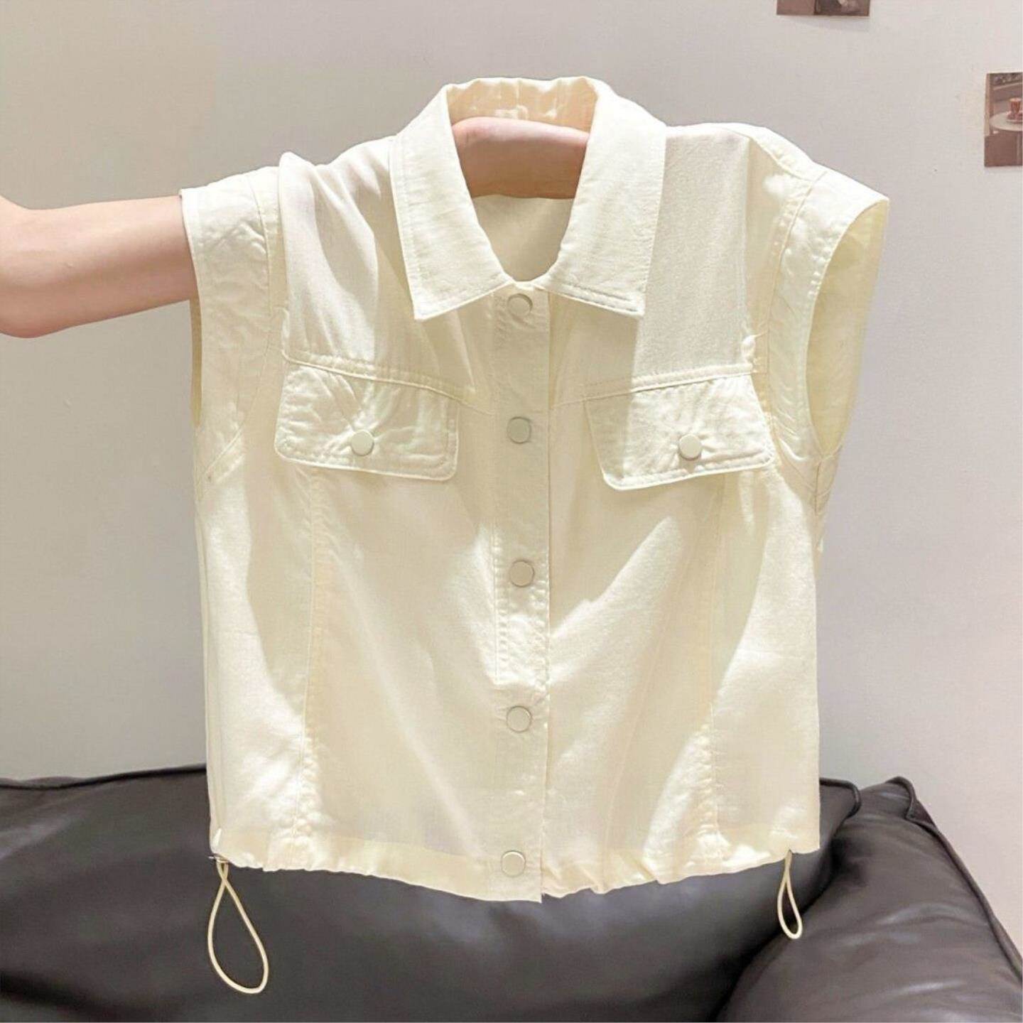 韩系简约风翻领无袖衬衫女秋季新款白色抽绳设计高级感宽松上衣