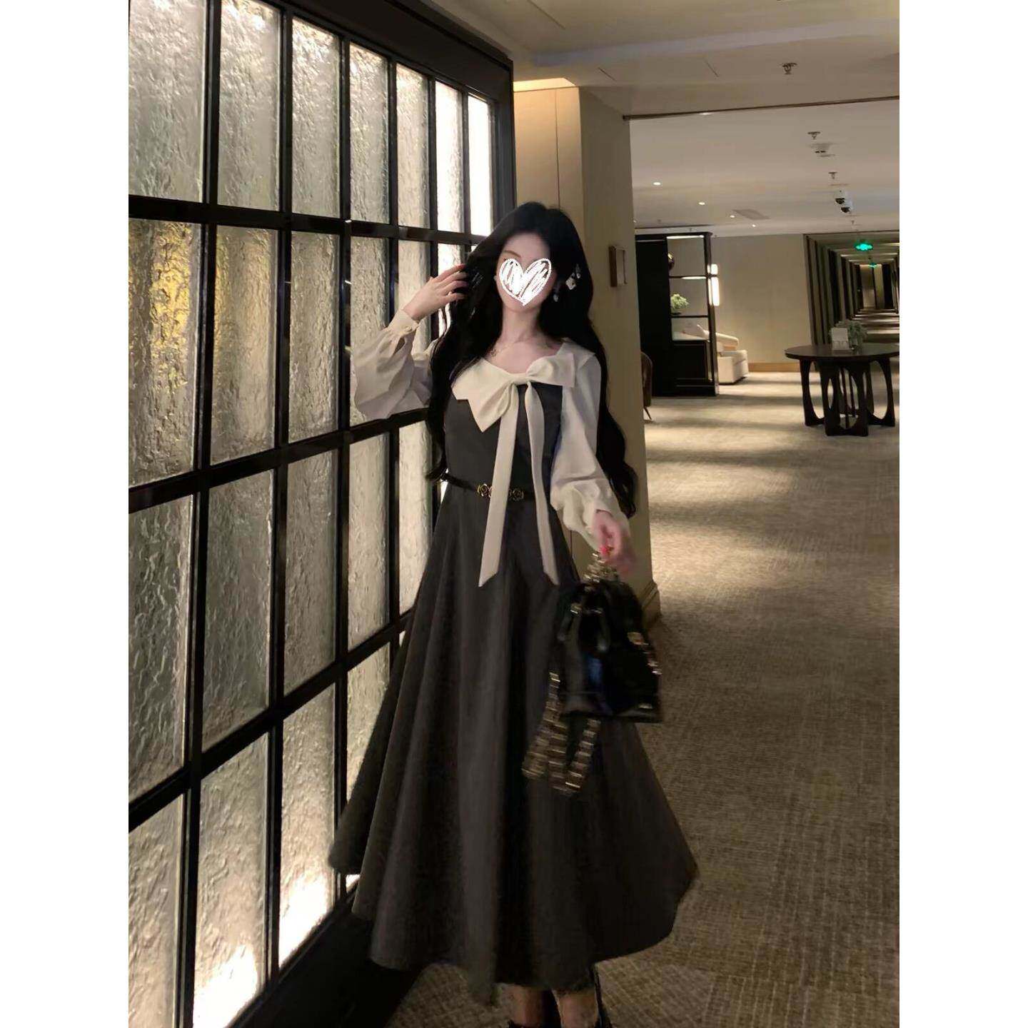 大码女装复古蝴蝶结飘带假两件收腰气质格雷灰连衣裙春季