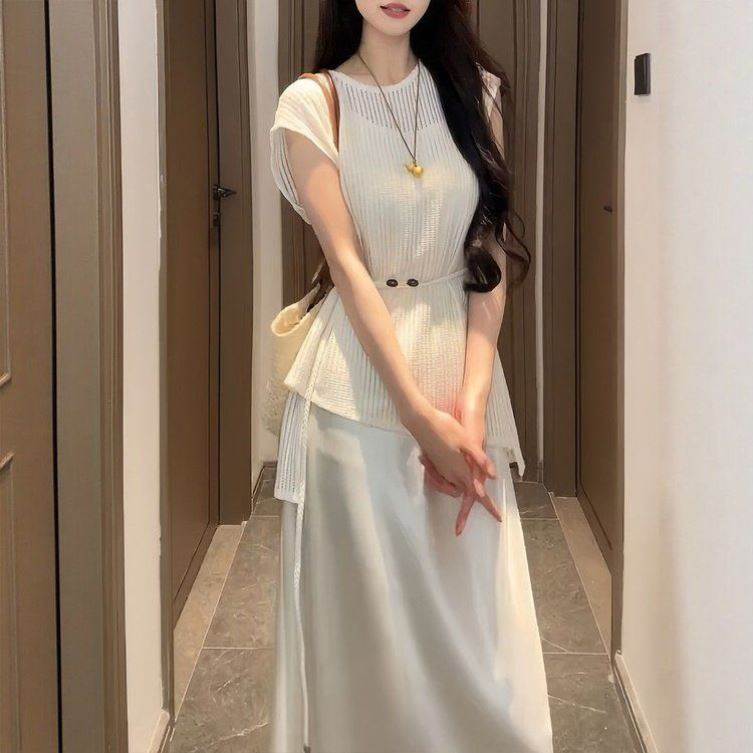 时尚套装女2026夏季新款洋气短袖收腰系带小仙女衬衫连衣裙两件套