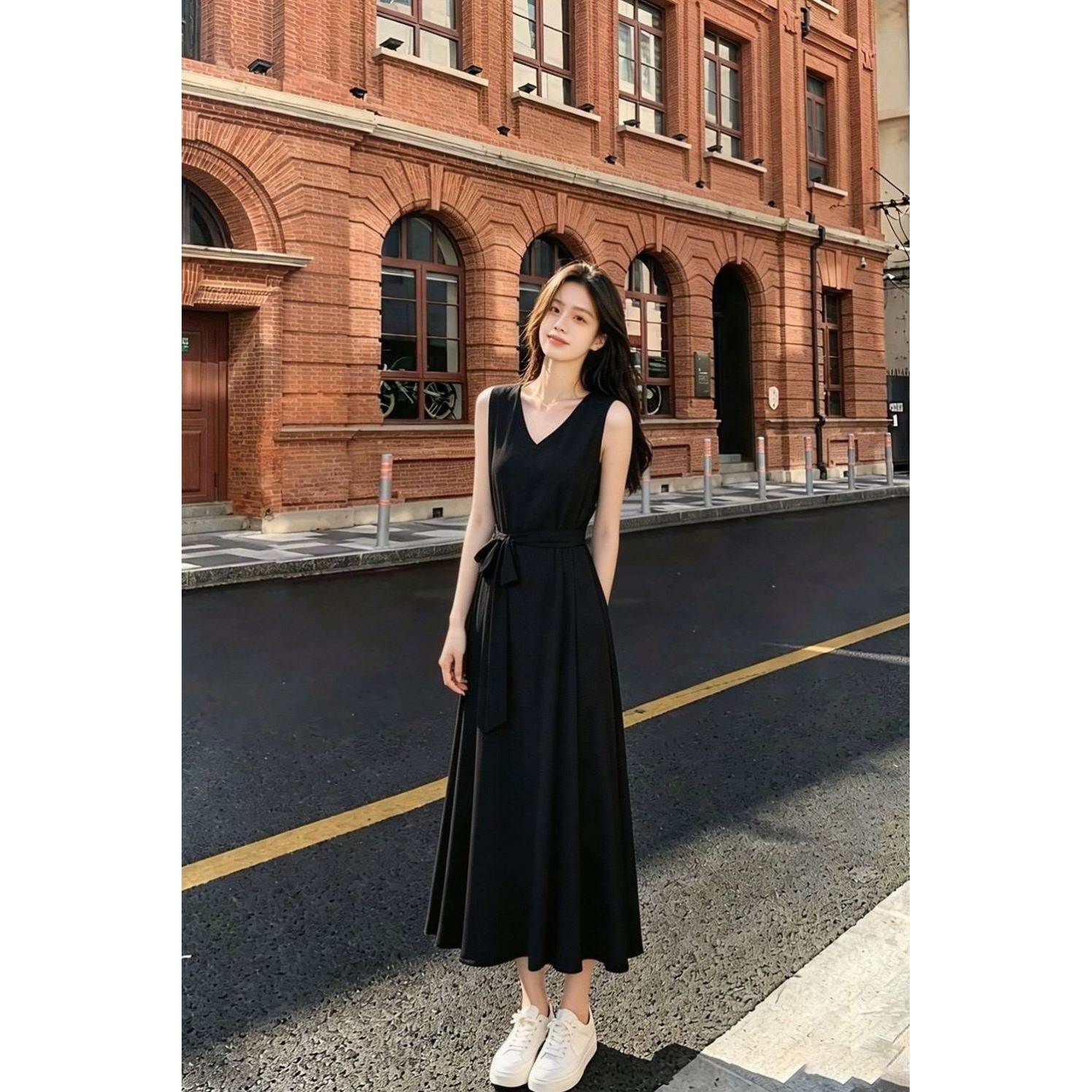 连衣裙女夏季宽松休闲长裙气质高级感显瘦裙子开衫两件套遮肉黑色