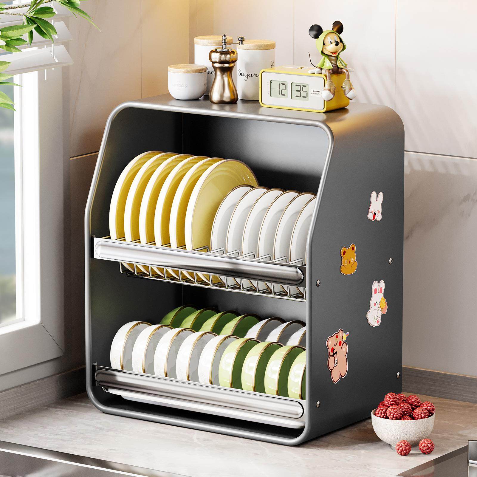 厨房台面碗架收纳柜家用双层半斜面放餐具装碗碟带沥水托盘置物架,厨房/烹饪用具,抹布架/厨房清洁收纳架,淘宝优惠券,粉丝福利购,淘宝优惠卷