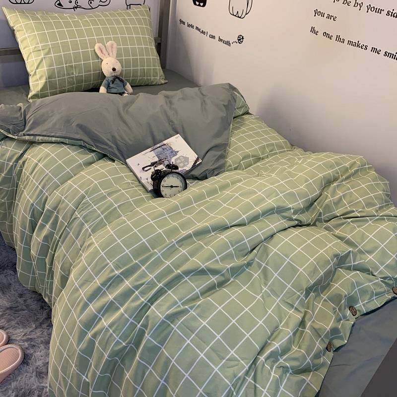 小清日新式浅BCZ绿格子四件套火超舍纽扣款被罩1.2m男女学生宿三