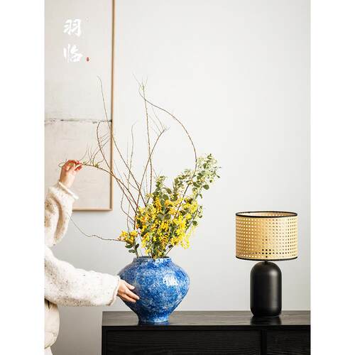 景德镇瓷花瓶陶新中式客厅干QHY插花色玄关简约件餐蓝桌面可摆养