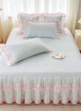 A类公主棉床裙三件床套亲肤IMP棉蕾丝花边罩席梦夹思床垫防风滑床