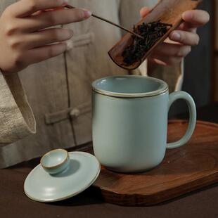 汝窑办公子陶瓷茶杯带盖茶过Q3502ABC滤功夫泡茶水杯大容量景杯德