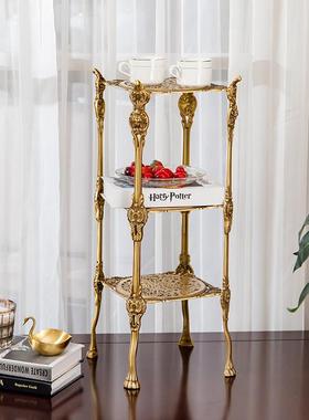 复古KBD雕花置物架客厅桌三层镂架空边架轻奢黄铜收纳边花几