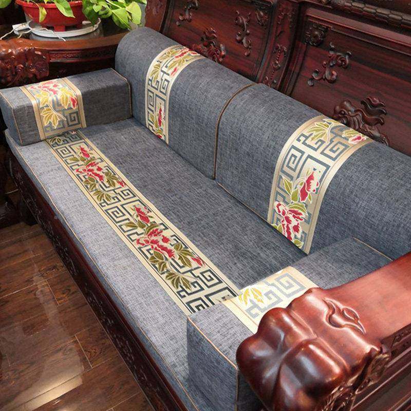 新中式沙发垫四季家通用防滑罗床垫子汉五件套HAT木具坐垫套红靠