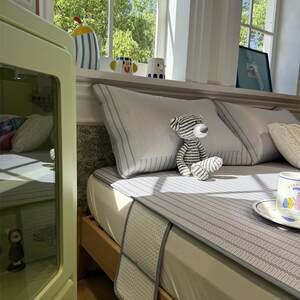 北欧简条纹摩普灰冰藤席夏5凉席三件套可机约洗空UGP调子凉席1.m1