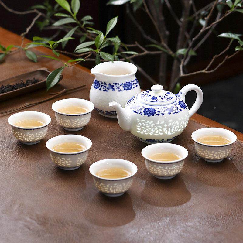景具德镇高档青花玲珑茶套装中式具泡茶壶盖碗小茶杯盒C25-10-8功