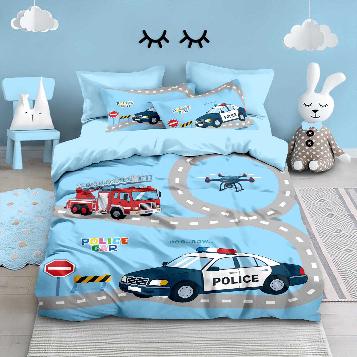 卡通消防车纯棉四件套儿童学生小男孩全棉床上床单被套床笠三件套