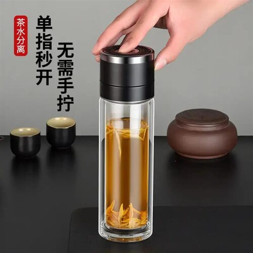 兰诗优品1便携速开单双层玻璃杯单指一键开盖透明车载泡茶杯水杯