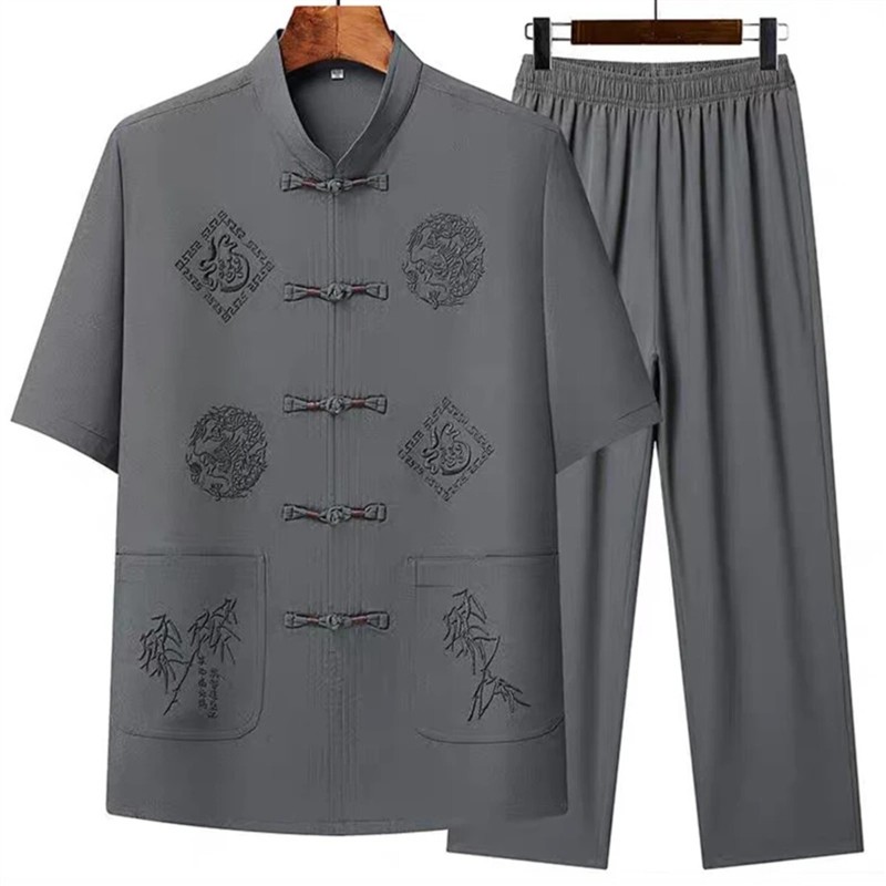 夏以服装商行2中老年福龙竹款中国风唐装夏套装爸爸装爷爷装晨练