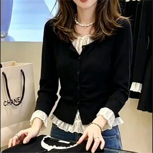 1孔雀服饰秋季高级感女装假两件显瘦遮肉收腰长袖T恤气质上衣时尚