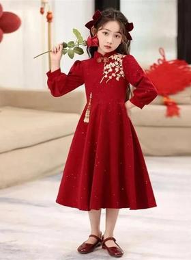Young优麦精品服饰中国风连衣裙女童红色拜M年服过U年套装裙子收