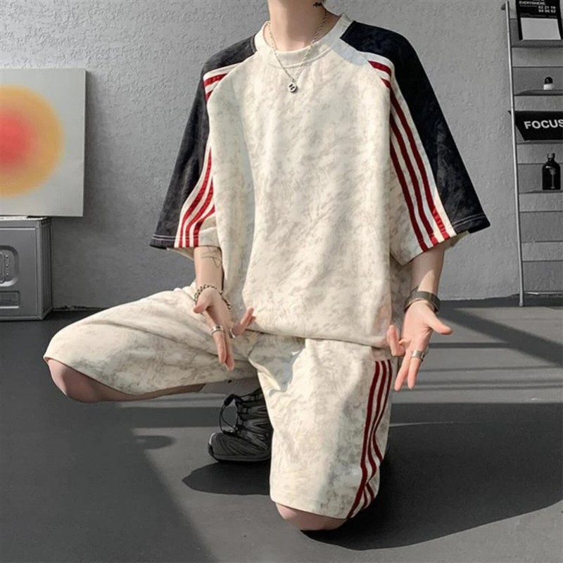 洛羽桑森男装专卖2美式扎染短袖套装薄款潮流大码夏休闲运动两件