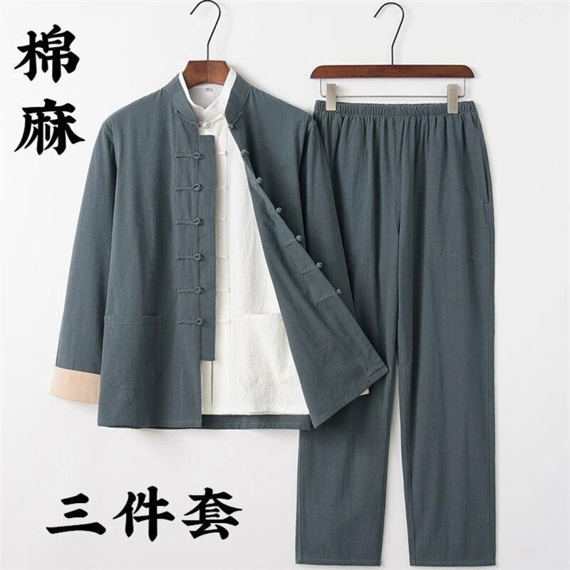 7中国风春夏套装棉麻唐装男士三件套中式盘扣汉服复古居士服茶服