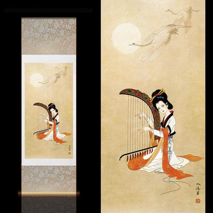 茶楼装饰挂画国画中式卷轴画月光仕女抚琴图风水挂画丝绸挂画仙鹤