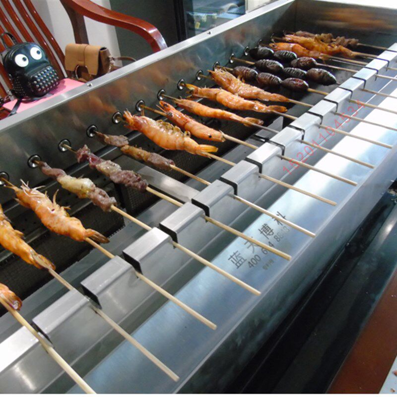 竹签自动翻转烧烤炉无烟燃气烤炉全自动烤串机木钎自动翻滚电烤炉