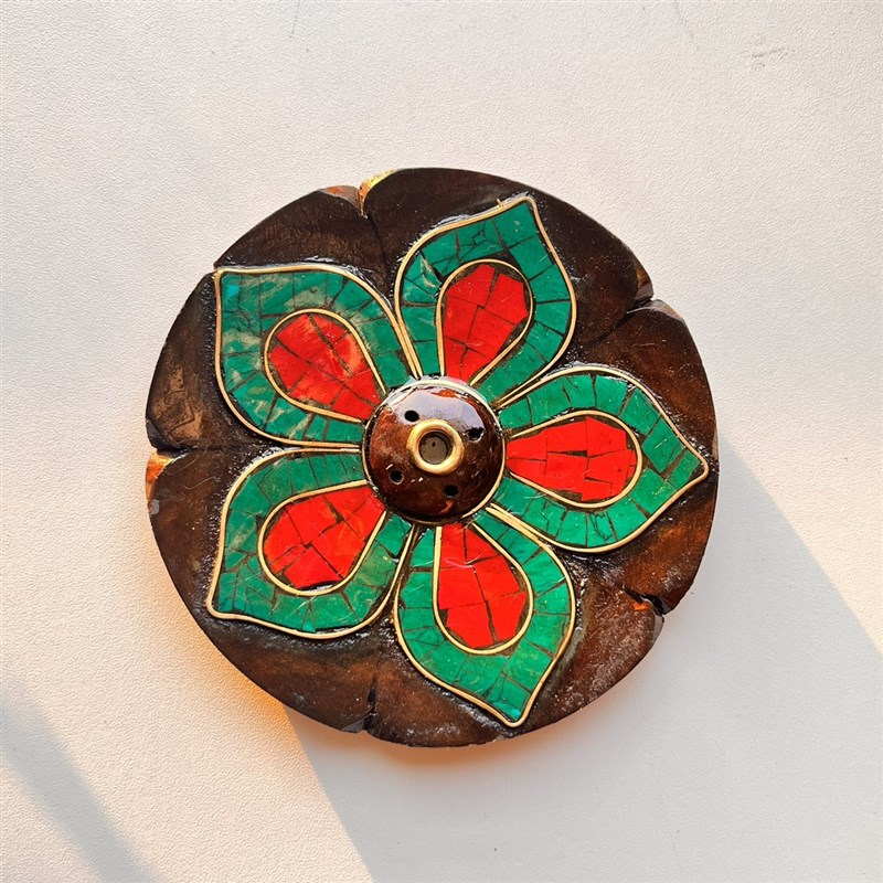 尼泊尔藏香香插湿婆之眼鎏金灰陶OM嗡字圆方形座手工制作六字真言