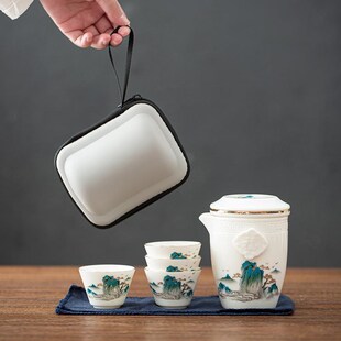 露营泡茶小套装 羊脂玉旅行茶具户外便携式 白瓷一壶四杯简约快客杯