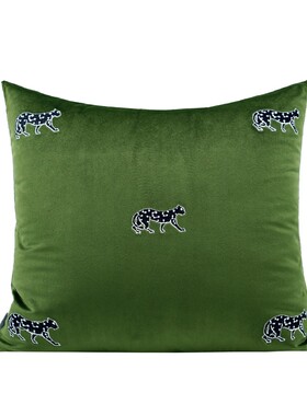 自由豹中古诧寂绿色黑豹刺绣靠垫设计师抱枕样板间售楼方枕