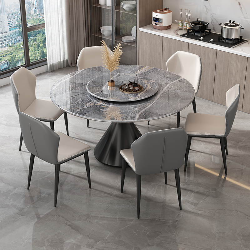 微晶石意式极简岩板餐桌大理石转盘圆餐桌家用小户型餐厅吃饭桌子