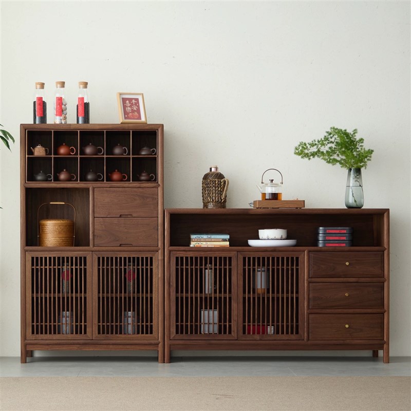 新中式北美黑胡桃木博古架 宋式美学F客厅置物架茶柜洒柜实木家具