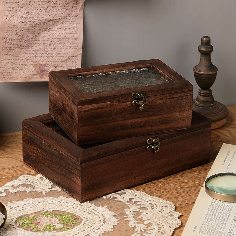 海棠花玻璃收纳盒化m妆台装饰盒复古木质桌面杂物整理翻盖木盒摆
