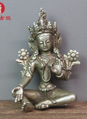 尼泊尔仿古佛像小摆件实心铜镀银度母铜像藏传佛像供奉佛古玩铜器