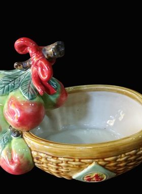 石湾公仔 陶瓷寿桃工艺品果篮果盘摆件 家居装饰品生日礼品摆设