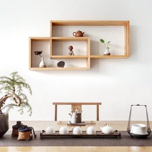 客厅背景墙饰墙面置物架茶室装饰壁挂陈设架茶馆茶柜架装饰架实木