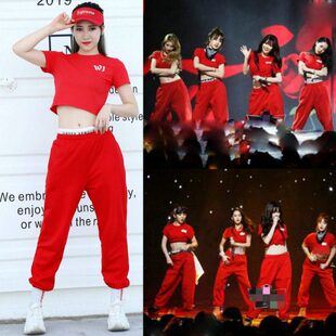 韩舞女团同款 年会舞台表演套装 红色休闲露脐爵士舞裤 子 演出服装
