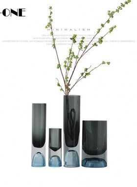 rzone 现代简约海蓝色高底加厚直筒玻璃花瓶干花水培花器装饰摆件