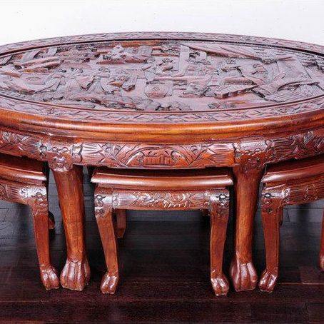 仿古中式明清家具 出口型茶桌咖啡台茶几矮桌 人物雕花一桌六凳
