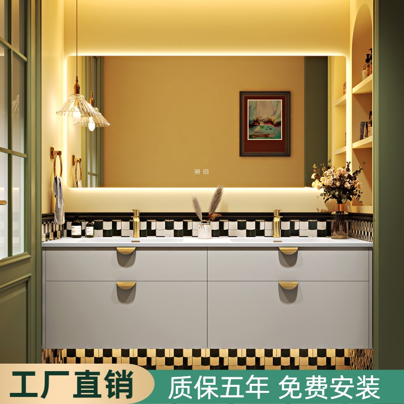 轻奢简约现代浴室柜组合奶油可丽耐F一体双盆卫生间洗脸洗手洗漱