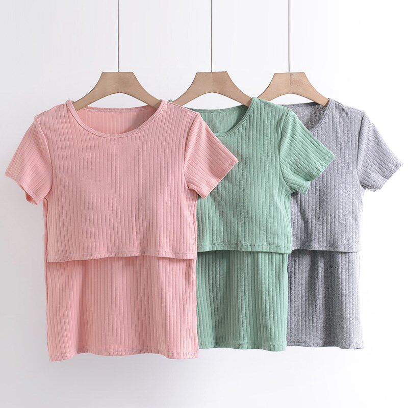 春夏季纯棉韩版哺乳衣p孕妇产后上掀式喂奶服打底衫家居服月子服