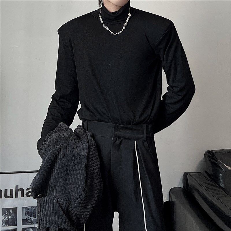 2024春个性基础流行男女青年高领堆堆领垫肩纯色长袖打底衫t恤潮