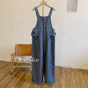 C3317条纹纽扣拉链腰侧绊扣可调节宽松背带裤