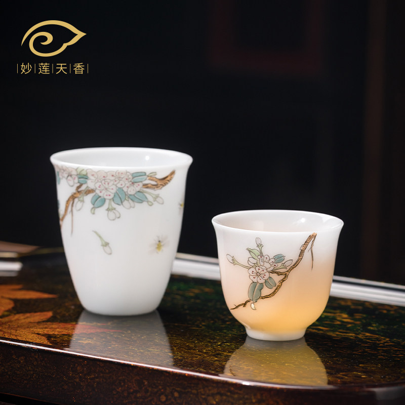 妙莲天香斗彩海棠花冰种玉瓷手绘品茗杯 喝茶专用单杯主人杯茶杯,餐饮具,茶杯,淘宝优惠券,粉丝福利购,淘宝优惠卷