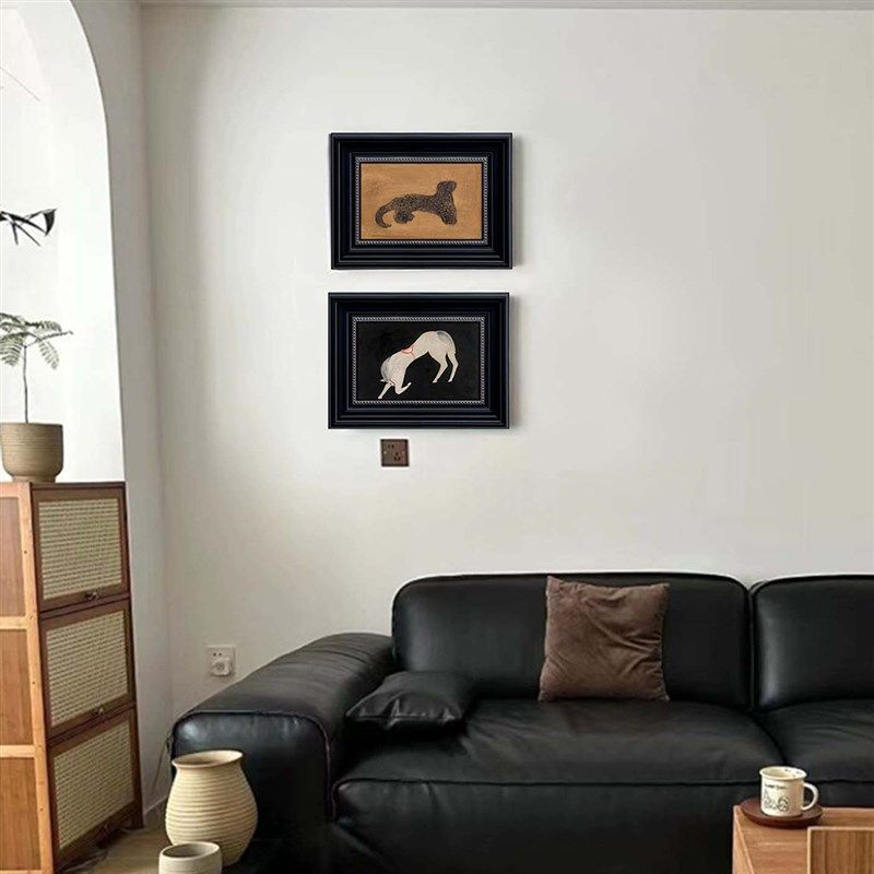 中古风常玉金钱豹客厅沙发背景墙法式装饰画入户玄关黑色边框挂画